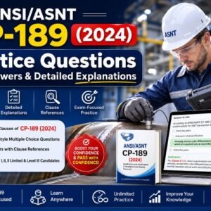 ANSI/ASNT CP-189 (2024) Practice Questions Course Thumbnail featuring 425 exam-style questions with detailed explanations for ASNT NDT Level III employer certification preparation.