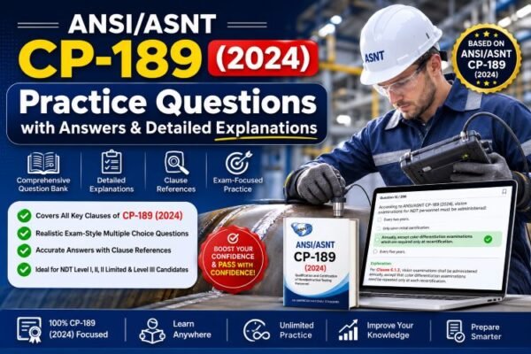 ANSI/ASNT CP-189 (2024) Practice Questions Course Thumbnail featuring 425 exam-style questions with detailed explanations for ASNT NDT Level III employer certification preparation.